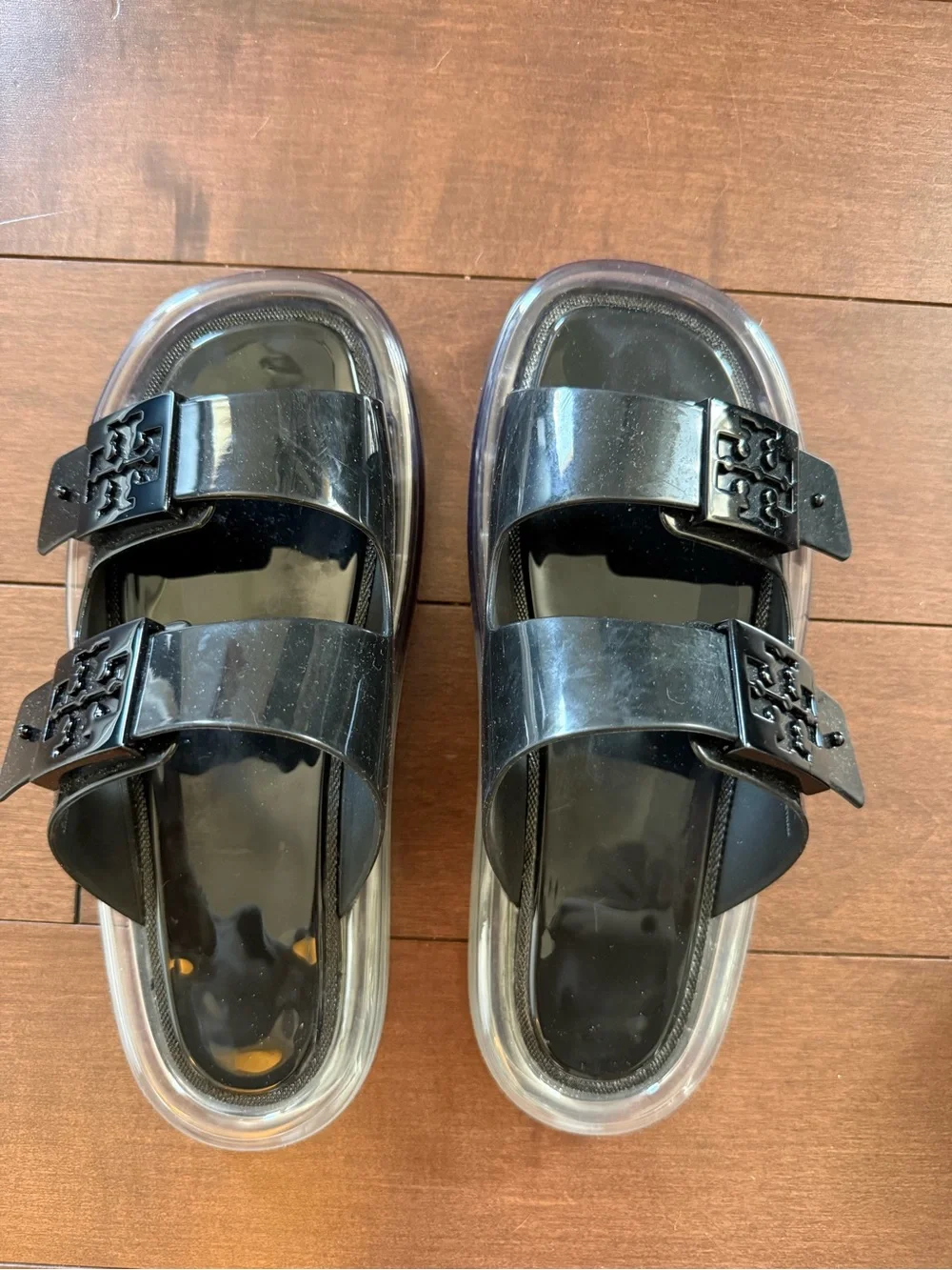 Tory Burch Black Jelly Double-Buckle Slide Sandals with Clear Soles